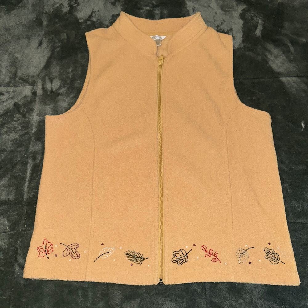Christopher & Banks VTG Vest Women's Large Tan Leaves Embroidered Full Zip